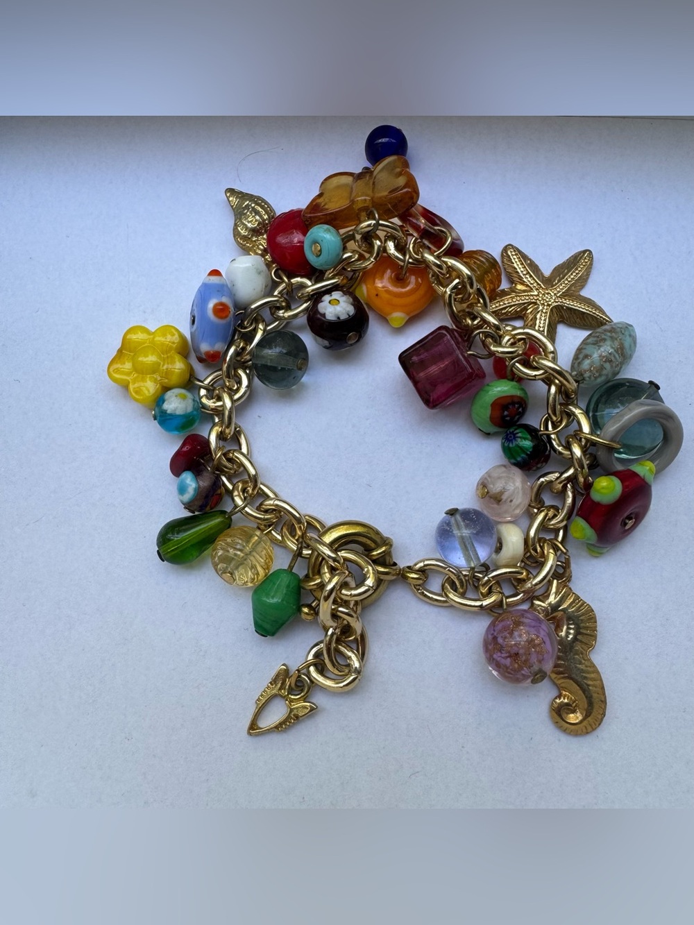 Vintage Murano Glass Ocean Charm Bracelet Gold Tone Starfish Y2K